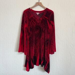 Vintage 90s DB Sport Velvet V-Neck Flare Bell Long Sleeve Mini Dress Medium Red